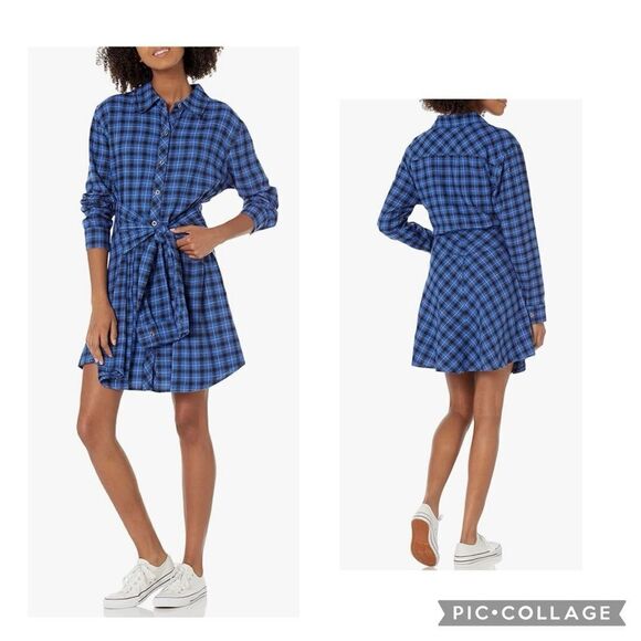 STEVE MADDEN Peyton Long Sleeve Blue Plaid Shirtdress - Picture 1 of 9